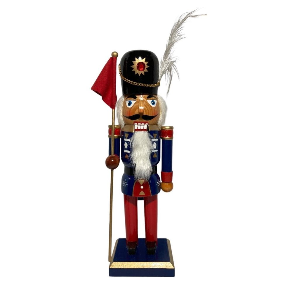 Kurt Adler Wood Nutcracker Soldier Red White Blue Painted Flag Feather 12.5 in